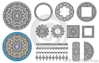 Collection elements round pattern, square frames, brushes. Vector Illustration