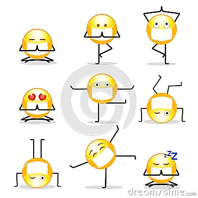 A collection of emoticons in protective masks that play sports. Vector Illustration