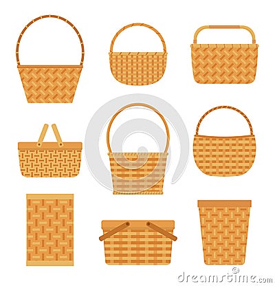 Collection of empty baskets, isolated on white background. Vector Illustration