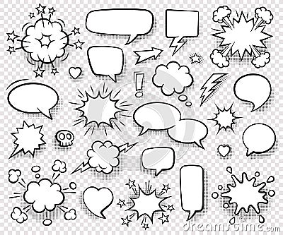 Collection of empty comic speech bubbles with halftone shadows. Vector Illustration