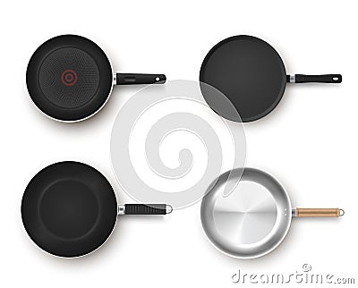 Collection empty frying pans top view vector realistic illustration metallic pan non stick coating Vector Illustration