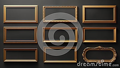 Collection of empty golden nameplates on dark background. Various rectangular, oval shapes. Different sizes, styles. Mockup for Stock Photo