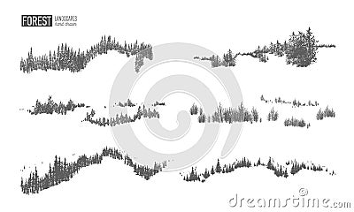 Collection of evergreen forest landscapes with silhouettes of coniferous trees growing on hills hand drawn in black and Vector Illustration