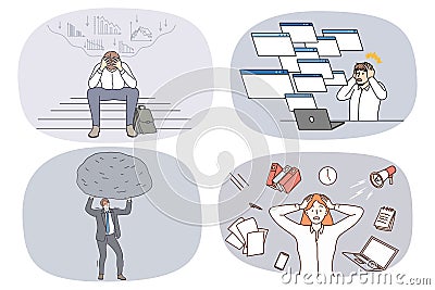 Collection of exhausted businesspeople overwhelmed with job stress Vector Illustration