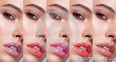 Collection: eyes and lips red, purple hues. The palette of lipsticks. Close-up Stock Photo