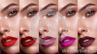 Collection: eyes and lips red, purple hues. The palette of lipsticks. Close-up Stock Photo