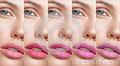 Collection: eyes and lips red, purple hues. The palette of lipsticks. Close-up Stock Photo