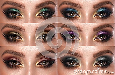 Collection of eyes shadows colorful hues. The palette of lipsticks. Close-up Stock Photo