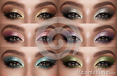 Collection of eyes shadows colorful hues. The palette of lipsticks. Close-up Stock Photo