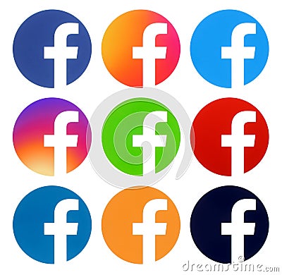 Collection of Facebook color round logos Editorial Stock Photo