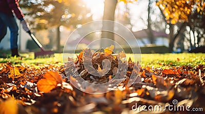 Collection of fallen leaves. Raking autumn leaves from the lawn on lawn in autumn park. Using rake to clear fallen Stock Photo