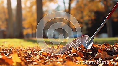 Collection of fallen leaves. Raking autumn leaves from the lawn on lawn in autumn park. Using rake to clear fallen Stock Photo