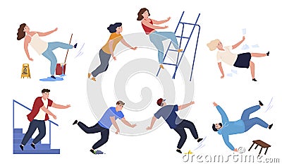 Collection falling people vector cartoon illustration. Danger caution wet floor, falling down stairs Vector Illustration