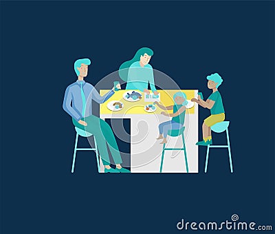 Collection of family hobby and activities. Mother, father and children have dinner relaxing at home with gadgets Vector Illustration