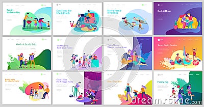 Collection of family hobby and activities. Mother, father and children play with cats, collect garbage for recycling Vector Illustration