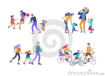 Collection of family hobby activities. Mother, father and children riding bikes, walking, roller skating, play to ball Vector Illustration