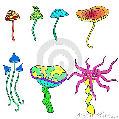 Collection of fantastic, decorative mushrooms, isolated Vector Illustration