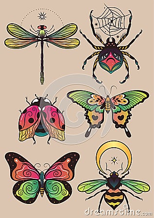 Collection of fantasy colorful insects for design. Vector graphics Vector Illustration