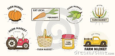 Collection of farm or agricultural market logo or labels with vegetables, farmer`s machines, tools and equipment Vector Illustration