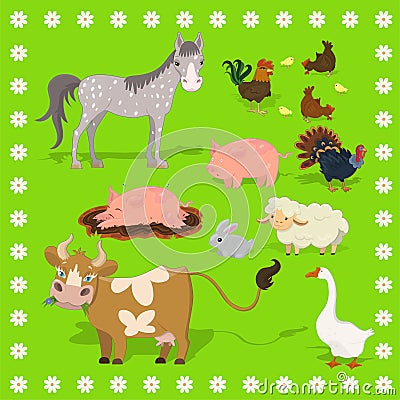 Collection of farm animals sheep, rabbit, cow, pig, rooster, chicken, turkey, horse. Frame of flowers. Vector set of illustrations Cartoon Illustration