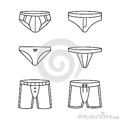 Collection fashion lingerie. Underpants outline sketch set. Woman and men underpants. Classic boxers, trunks, bikini Vector Illustration