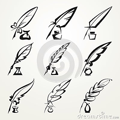 Collection feather pen and ink Vector Illustration