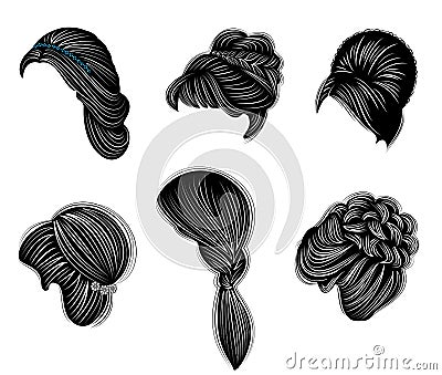 Collection of female hairstyles for short, long and medium hair. Hairstyles are fashionable, beautiful and stylish. For brunettes Cartoon Illustration