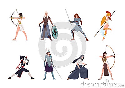 Collection of female warriors from Scandinavian, Greek, Egyptian, Asian mythology and history. Set of women wearing Vector Illustration