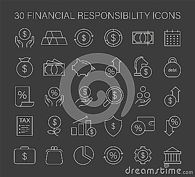 A collection of financial responsibility icons, representing savings, investments, taxes, and debt management Vector Illustration
