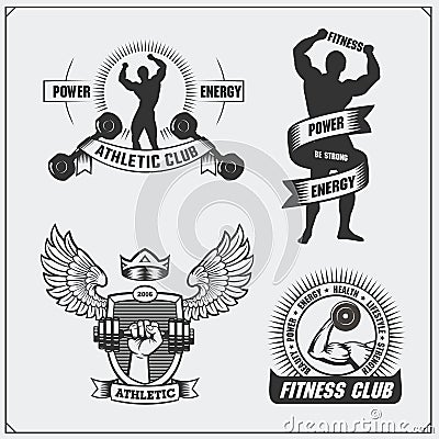 Collection of fitness labels, emblems, badges, logos and design elements. Silhouette of bodybuilder. Vector Illustration