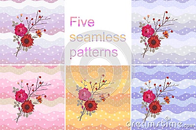 Collection of five seamless patterns or greeting cards with bright bouquet on multicolor polka dot background. Vector Illustration