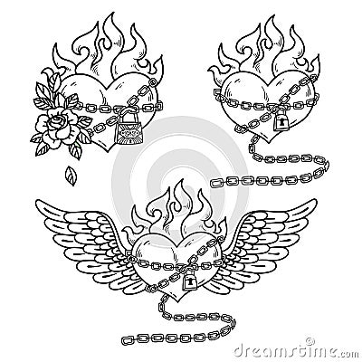 Collection of Flaming hearts in chains of love. Vector Illustration