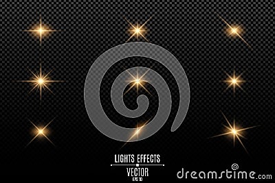 Collection of flashes, lights and sparks. Optical flares. Abstract golden lights isolated on a transparent background. Gold flashe Vector Illustration