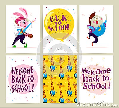 Collection of flat back to school card designs with lettering, animals and seamless backgrounds. Vector Illustration