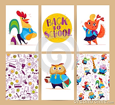 Collection of flat back to school card designs with lettering, animals and seamless backgrounds. Vector Illustration