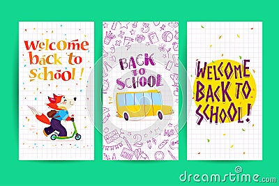 Collection of flat back to school card designs with lettering, cartoon happy fox student portrait riding scooter, yellow school bu Vector Illustration