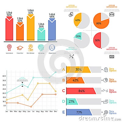 Collection of flat colorful diagram, bar and line graph, pie chart elements. Statistical data visualization concept Vector Illustration