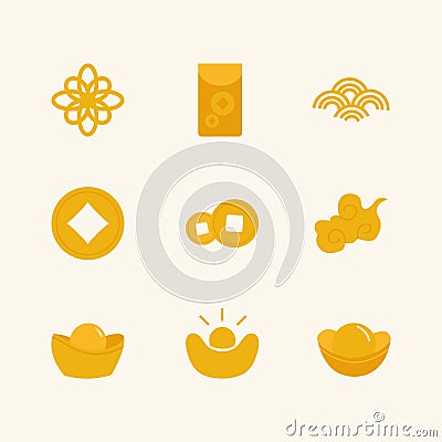 Collection of flat gold Chinese wealth icons Vector Illustration