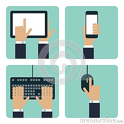Collection of 4 flat hand with communication concept. using tablet, using smart phone, using keyboard, Vector Illustration