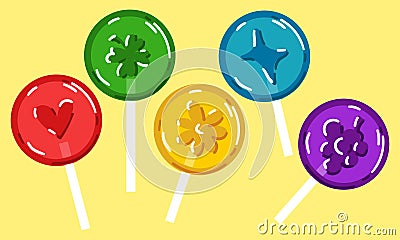 A collection of flat multi-colored lollipops with different patterns. Lollipop with drawings of a star, a flower, a Vector Illustration