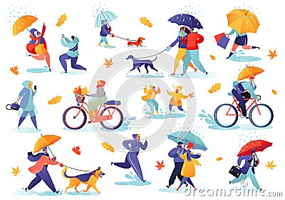 Collection of flat people characters walking under umbrella on autumn rainy day. Vector Illustration