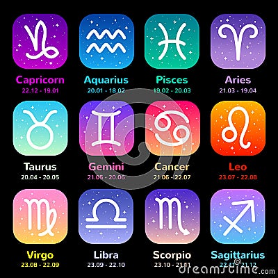 Collection of flat style zodiac signs with gradient backgrounds Vector Illustration