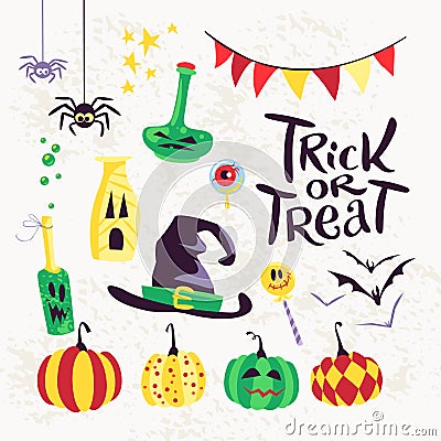 Collection of flat vector halloween traditional decoration elements on white background. Vector Illustration