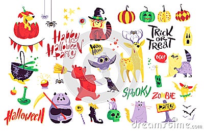 Collection of flat vector halloween traditional decoration elements on white background. Vector Illustration
