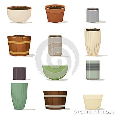 Collection of flower pots. Terracotta, ceramic and wooden planters of various shapes and colors. Interior design. Indoor or garden Vector Illustration