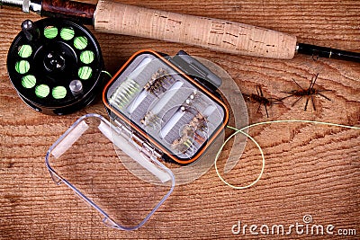 Collection of fly fishing equiptment Stock Photo