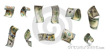 Collection of flying banknotes of hundred dollars. View from different angles Stock Photo