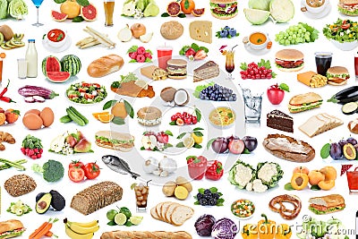 Collection of food and drink background collage healthy eating f Stock Photo