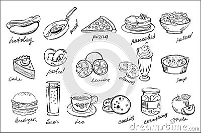 Vector set of food and drinks icons in sketch style. Sweet desserts, fastfood, fresh fruits, beverages, canned cucumbers Vector Illustration