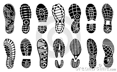 Collection of footprints human shoes silhouette. Set of shoe soles print. Different vector footprints men women sneakers Vector Illustration